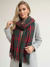 LONG RED WOOL BLEND CHECKED TARTAN SCARF