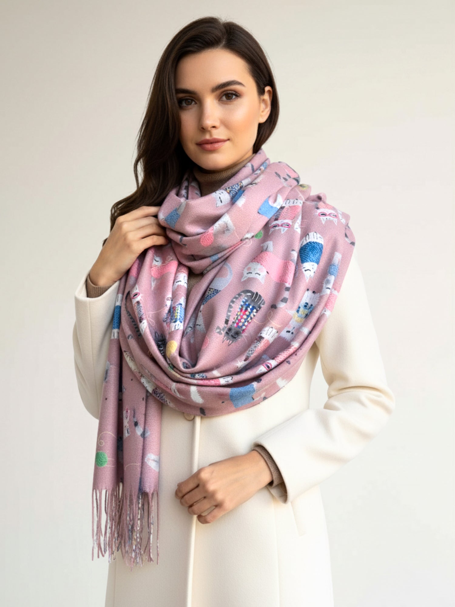 BLUSH PINK QUIRKY CAT PRINT LONG LIGHTWEIGHT SCARF