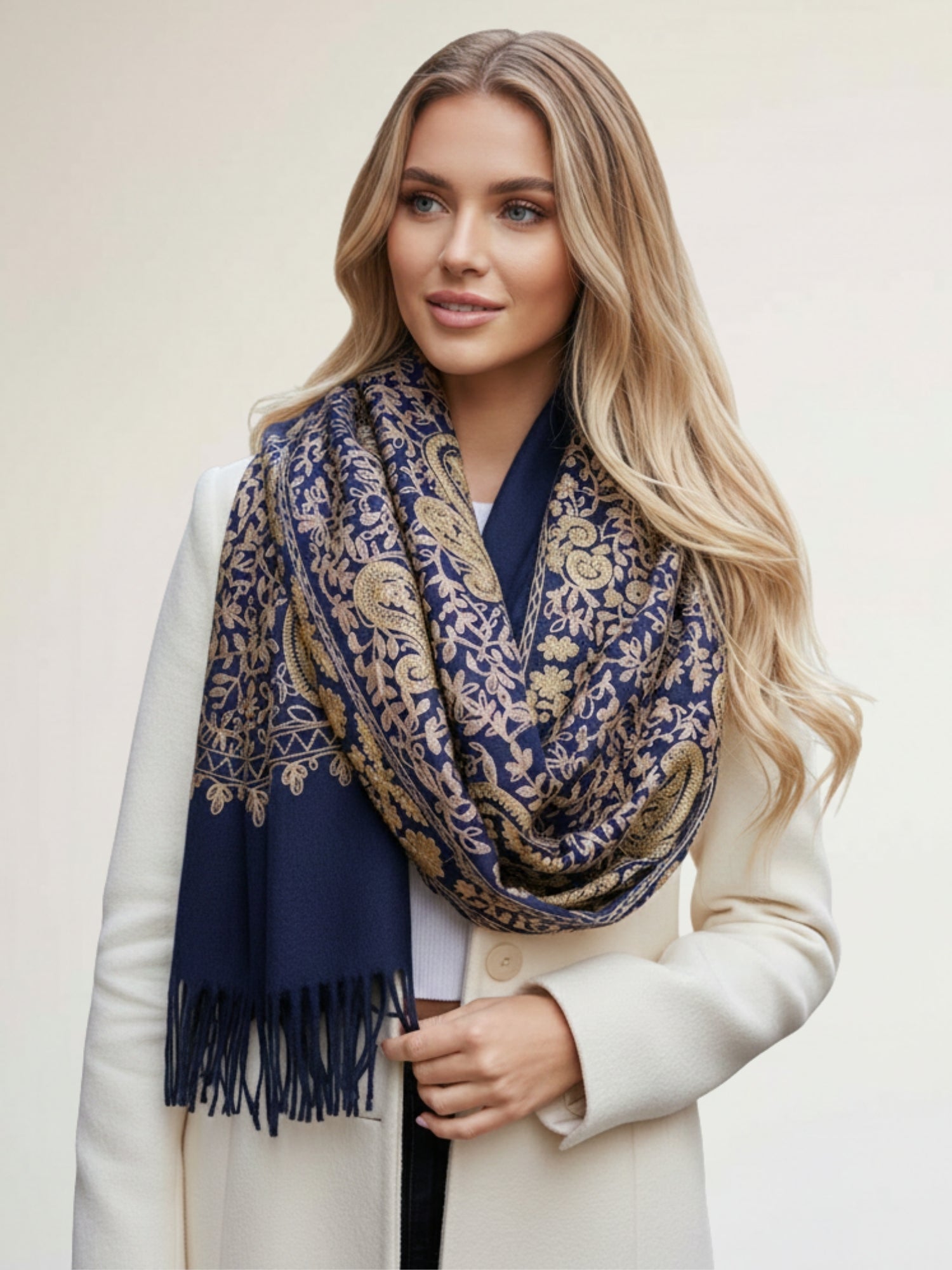 LARGE NAVY PAISLEY CASHMERE COTTON BLEND WINTER SHAWL BLANKET SCARF
