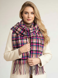 LONG FUCHSIA PINK WOOL BLEND CHECKED TARTAN SCARF