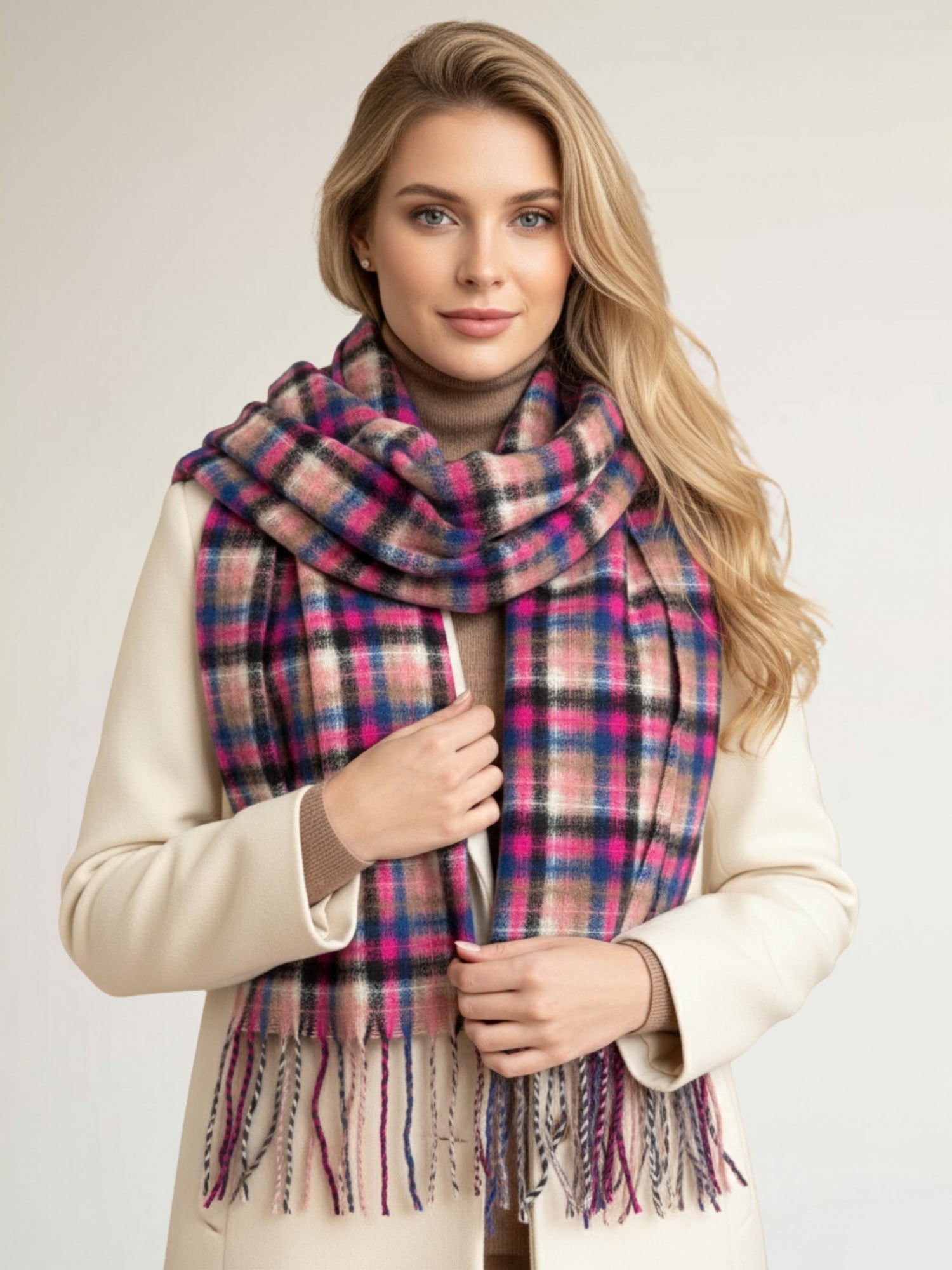 LONG FUCHSIA PINK WOOL BLEND CHECKED TARTAN SCARF