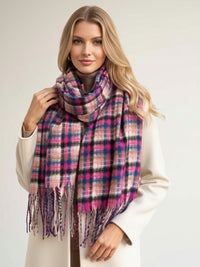 LONG FUCHSIA PINK WOOL BLEND CHECKED TARTAN SCARF