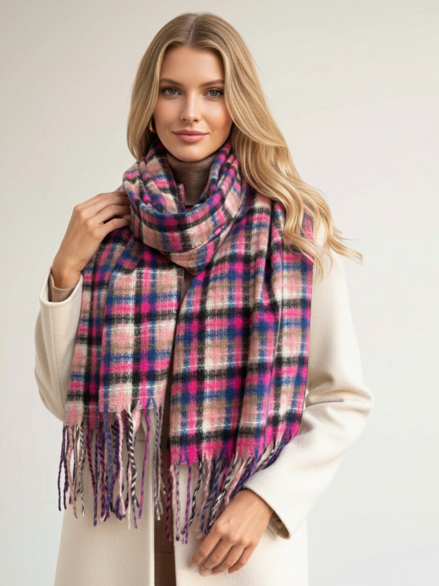 LONG FUCHSIA PINK WOOL BLEND CHECKED TARTAN SCARF