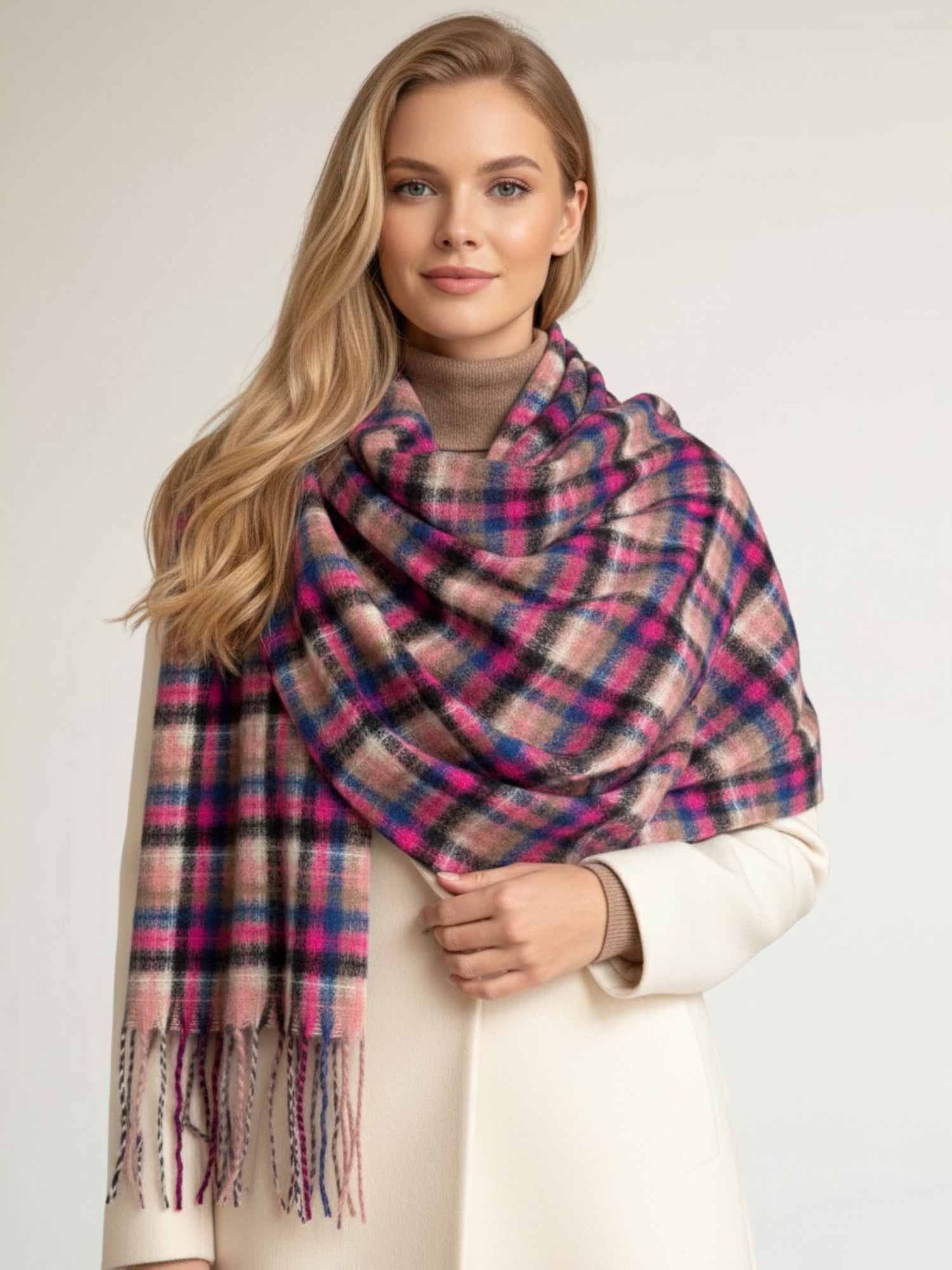 LONG FUCHSIA PINK WOOL BLEND CHECKED TARTAN SCARF