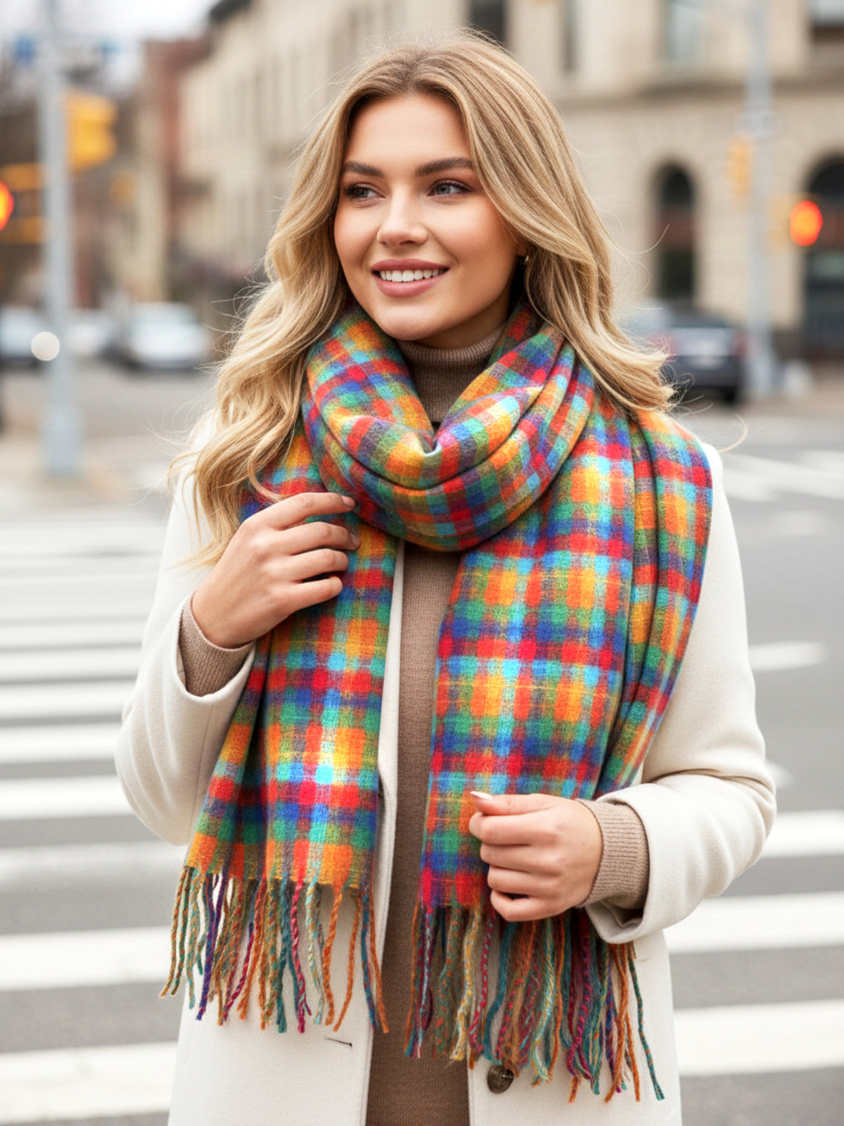 LONG MULTI COLOUR WOOL BLEND CHECKED TARTAN SCARF