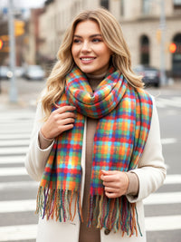 LONG MULTI COLOUR WOOL BLEND CHECKED TARTAN SCARF