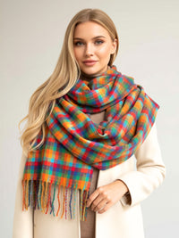LONG MULTI COLOUR WOOL BLEND CHECKED TARTAN SCARF