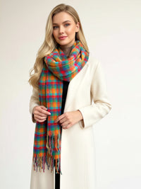 LONG MULTI COLOUR WOOL BLEND CHECKED TARTAN SCARF