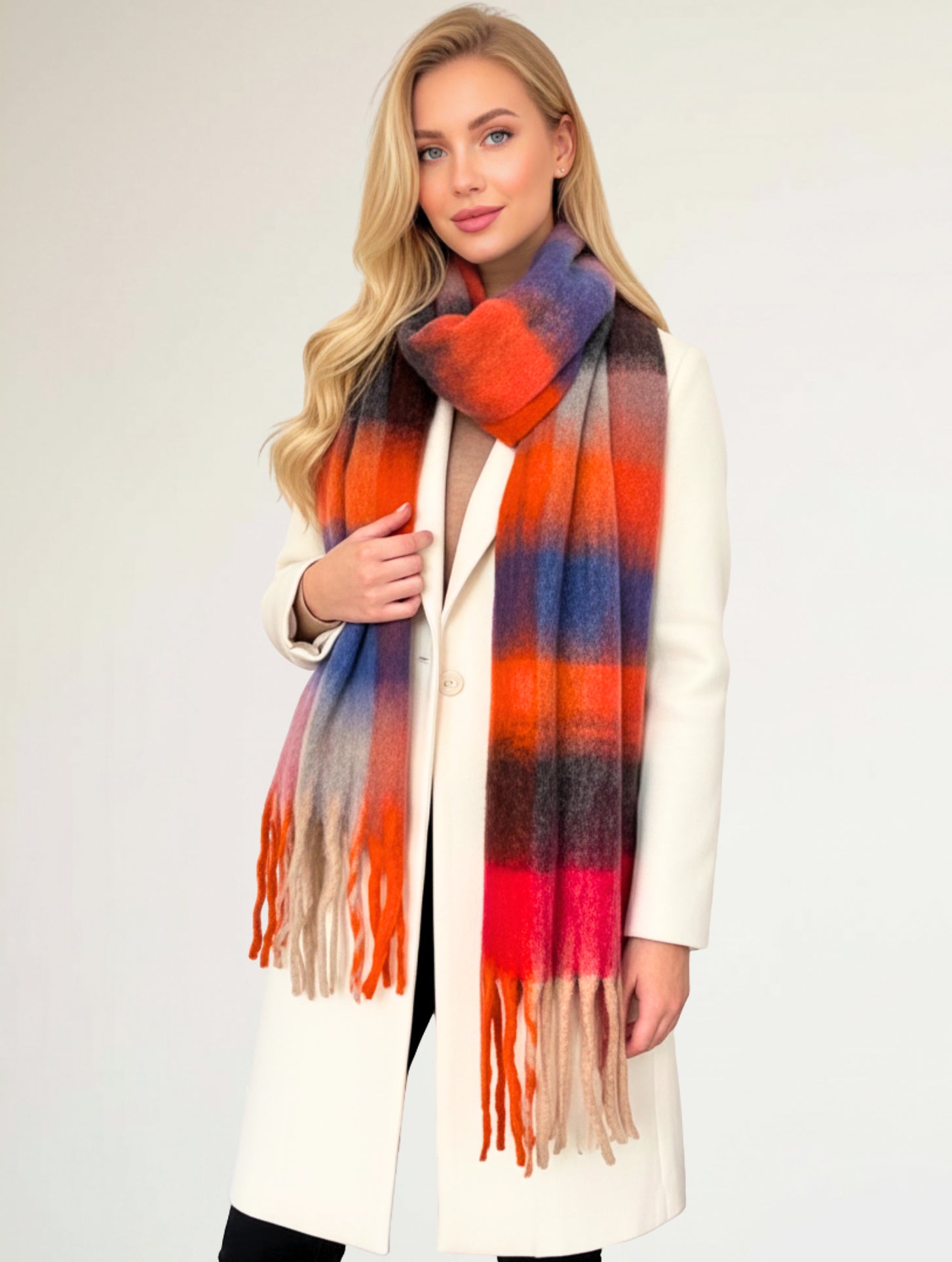 RED CHECKED WOOL RAINBOW BLANKET SCARF OVERSIZED WINTER SHAWL WRAP