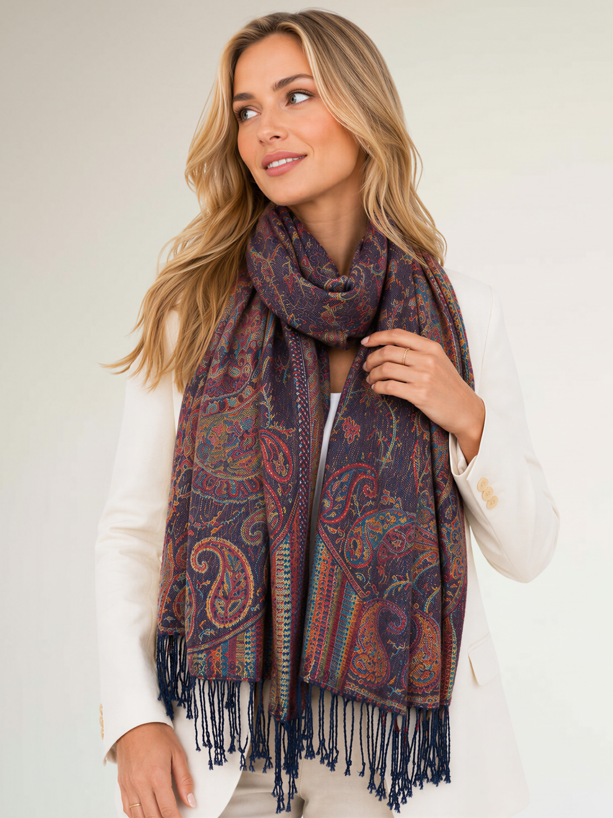 LARGE NAVY BLUE MULTI COLOUR PAISLEY PASHMINA SHAWL SCARF WRAP - A-SHU.CO.UK