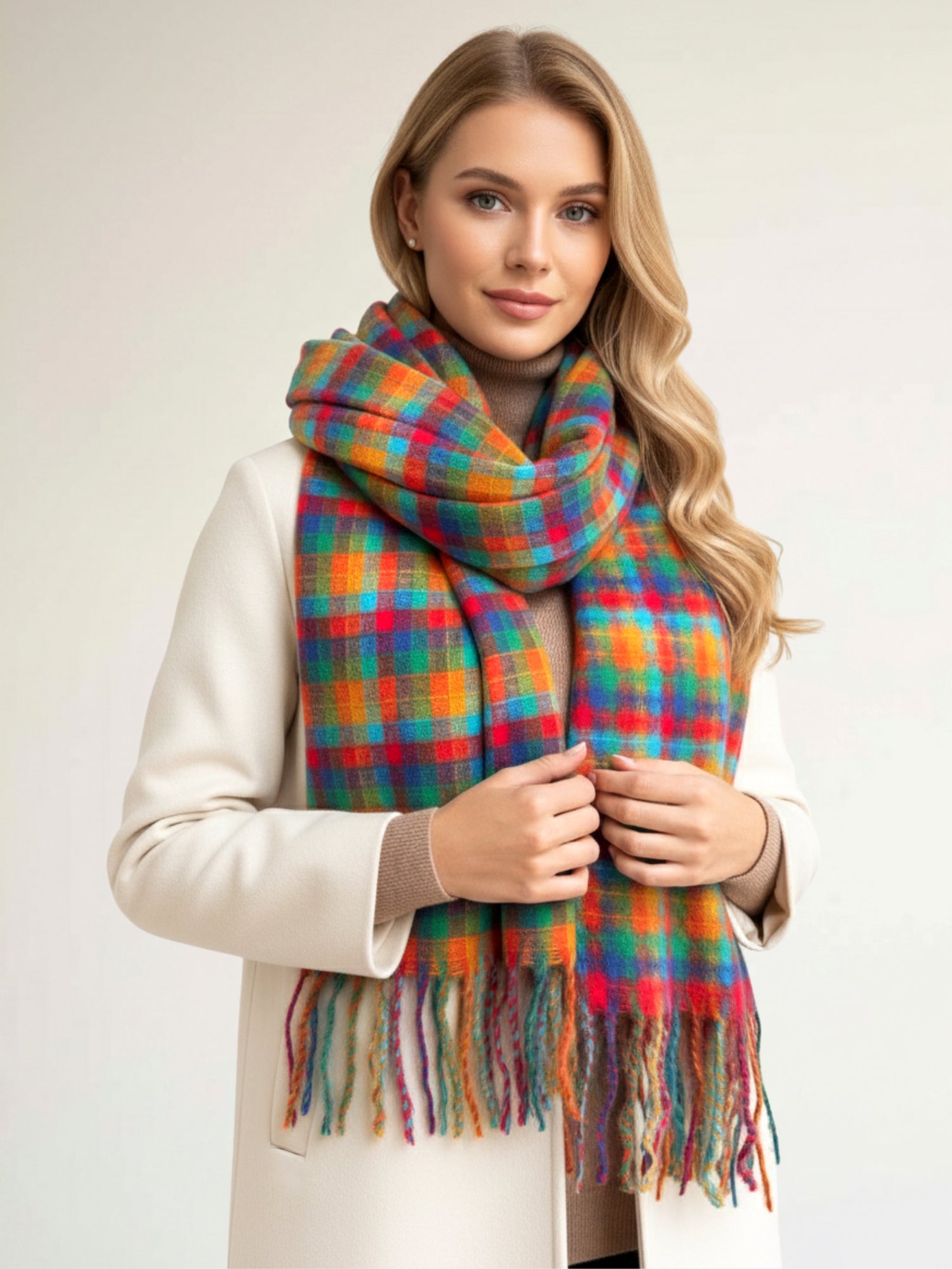 LONG MULTI COLOUR WOOL BLEND CHECKED TARTAN SCARF