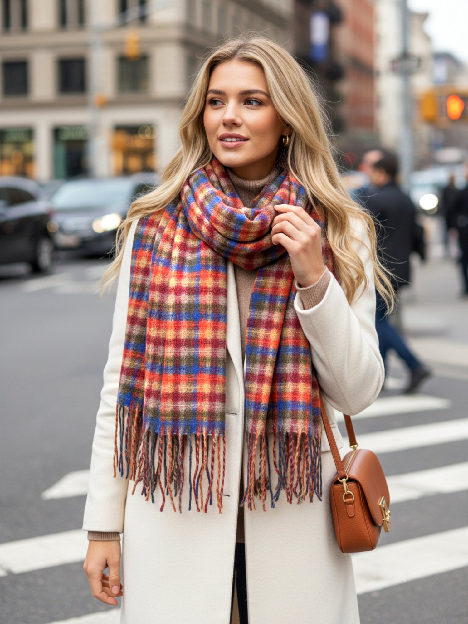 LONG RUST ORANGE WOOL BLEND CHECKED TARTAN SCARF