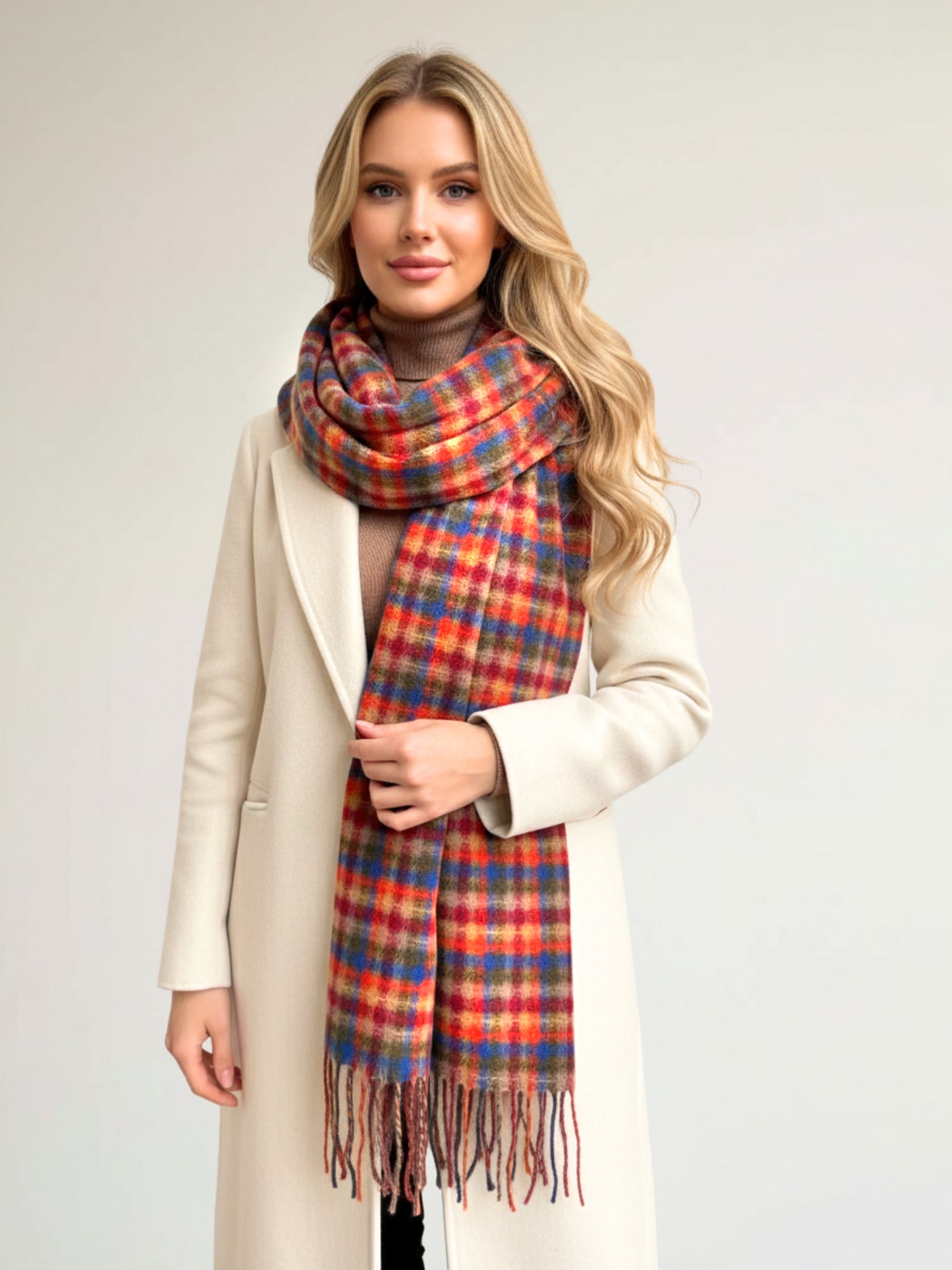 LONG RUST ORANGE WOOL BLEND CHECKED TARTAN SCARF