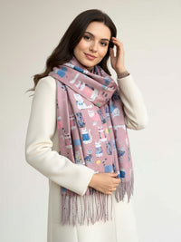 BLUSH PINK QUIRKY CAT PRINT LONG LIGHTWEIGHT SCARF