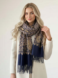 LARGE NAVY PAISLEY CASHMERE COTTON BLEND WINTER SHAWL BLANKET SCARF