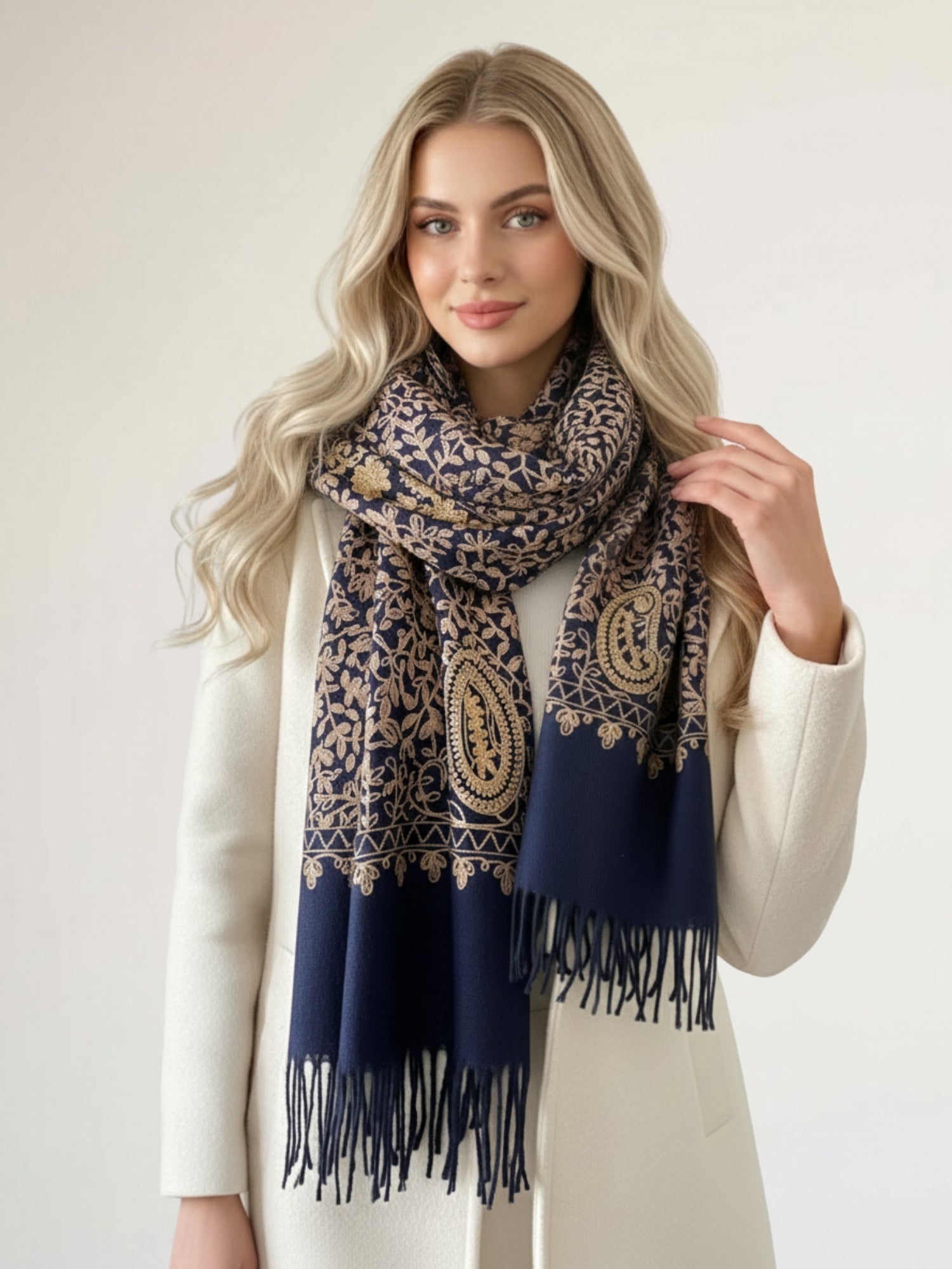 LARGE NAVY PAISLEY CASHMERE COTTON BLEND WINTER SHAWL BLANKET SCARF
