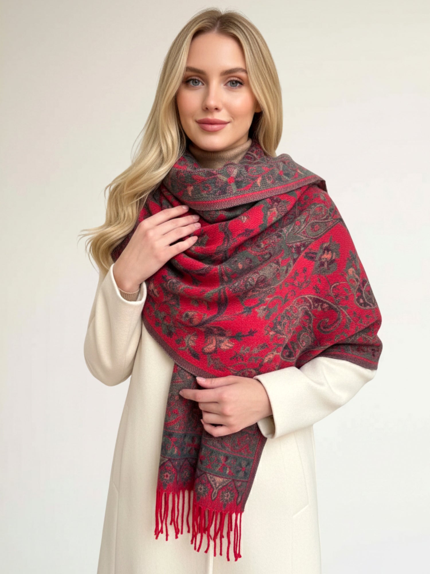 LARGE REVERSIBLE RED GREEN PAISLEY WINTER SHAWL BLANKET SCARF