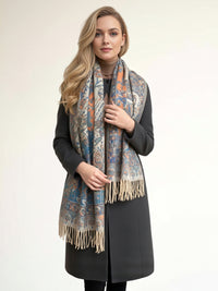 LARGE REVERSIBLE BLUE CREAM PAISLEY WINTER SHAWL BLANKET SCARF