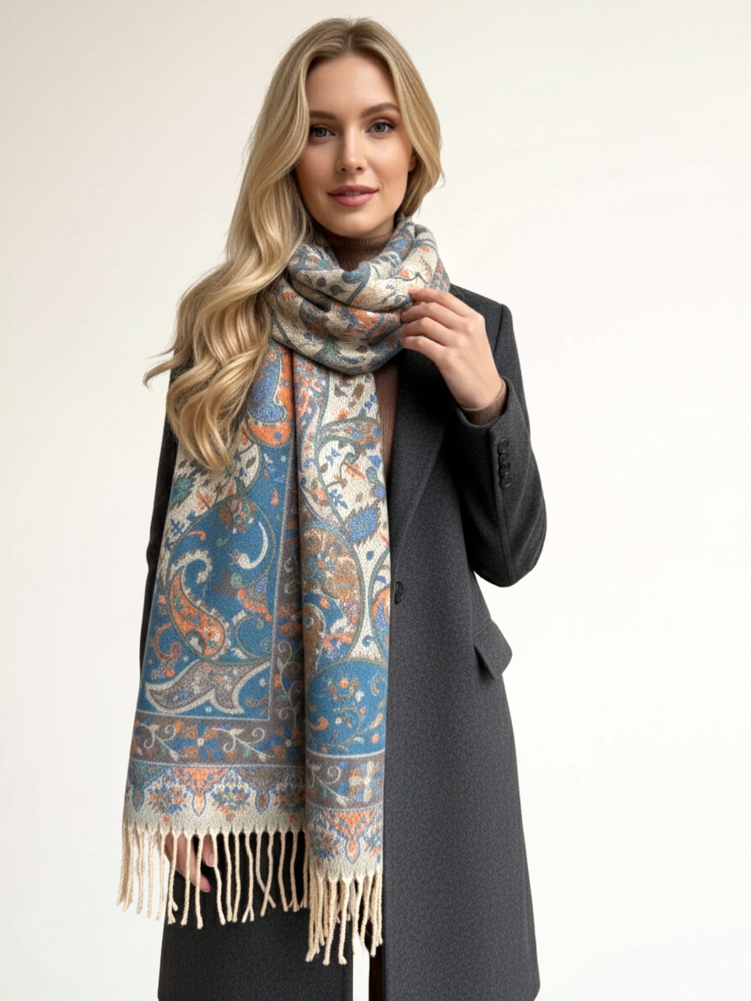 LARGE REVERSIBLE BLUE CREAM PAISLEY WINTER SHAWL BLANKET SCARF