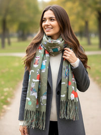 OLIVE GREEN QUIRKY CAT PRINT LONG LIGHTWEIGHT SCARF