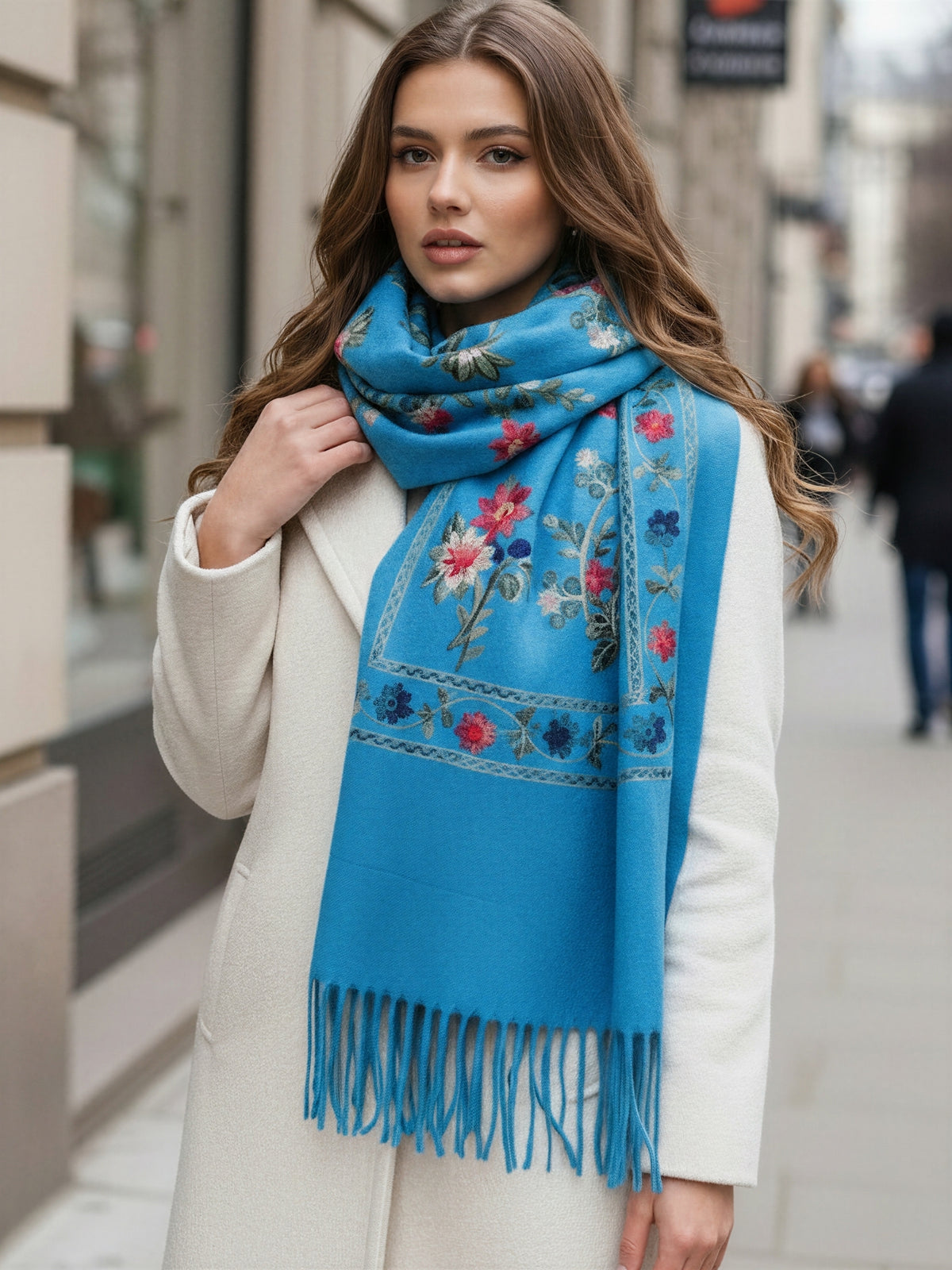 LARGE BLUE FLORAL CASHMERE COTTON BLEND WINTER SHAWL BLANKET SCARF