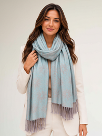 LARGE PASTEL BLUE FLORAL DAISY PRINT GEOMETRIC REVERSIBLE PASHMINA SHAWL SCARF - A-SHU.CO.UK