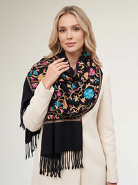 LARGE BLACK FLOWER PRINT CASHMERE COTTON BLEND WINTER SHAWL BLANKET SCARF
