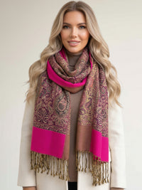 LARGE PLAIN FUCHSIA PINK REVERSIBLE MULTI COLOUR PAISLEY PRINT PASHMINA SHAWL SCARF WRAP - A-SHU.CO.UK