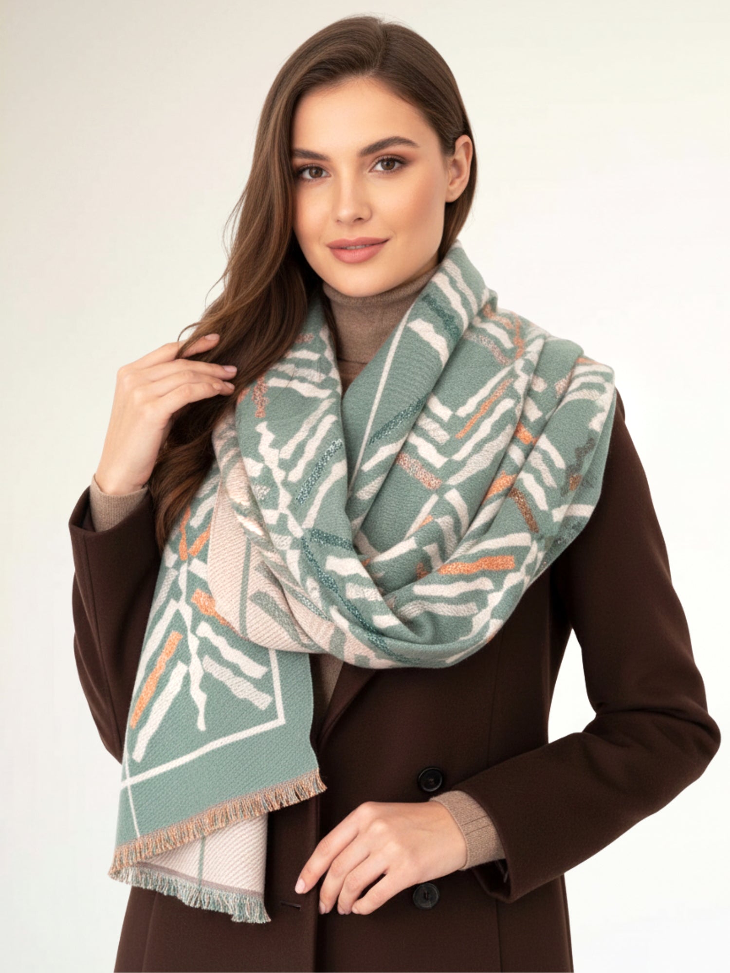 LARGE GREEN RETRO PRINT REVERSIBLE WOOL WINTER SHAWL BLANKET SCARF