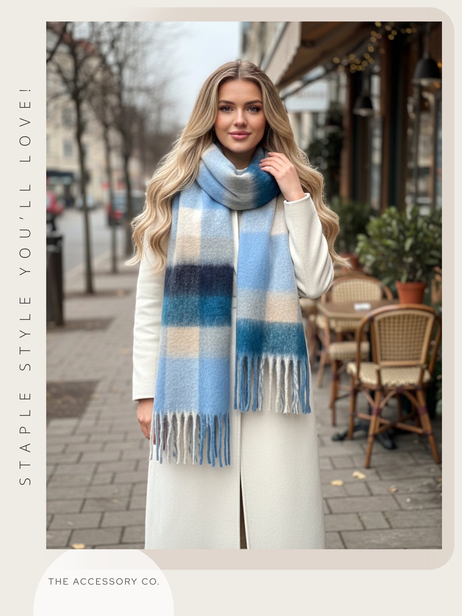 BABY BLUE CHECKED WOOL RAINBOW BLANKET SCARF OVERSIZED WINTER SHAWL WRAP