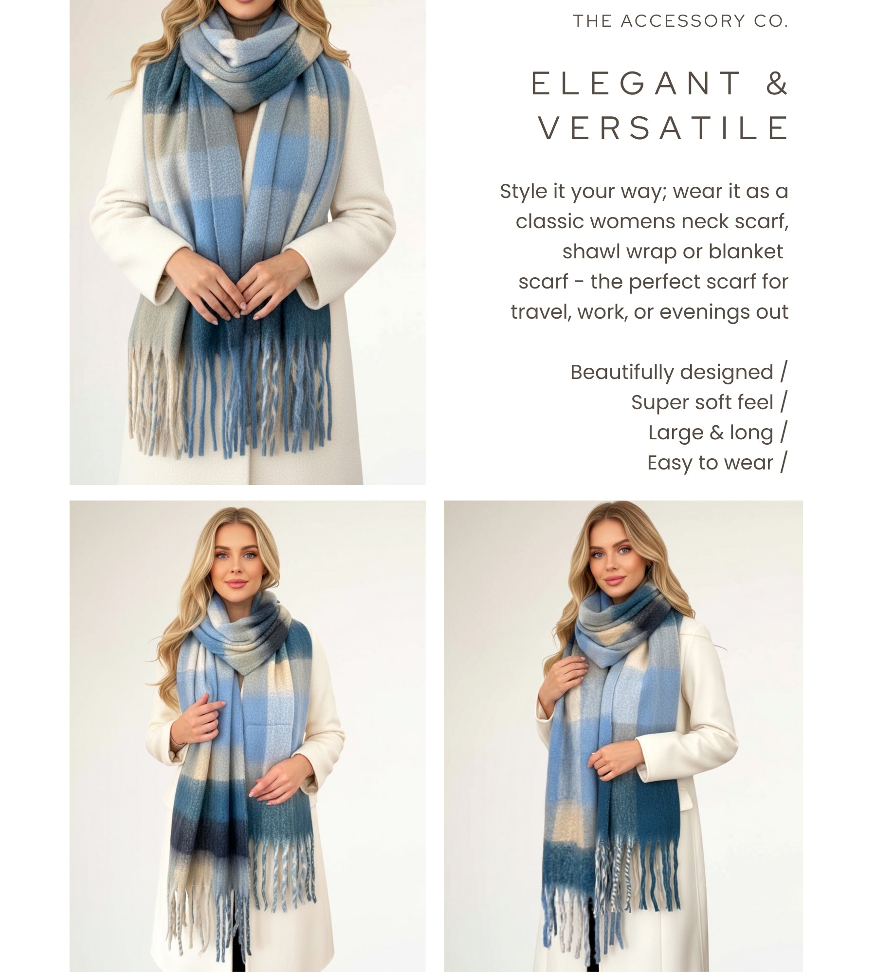 BABY BLUE CHECKED WOOL RAINBOW BLANKET SCARF OVERSIZED WINTER SHAWL WRAP