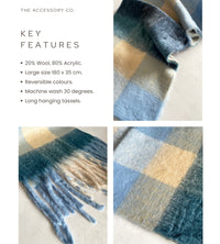 BABY BLUE CHECKED WOOL RAINBOW BLANKET SCARF OVERSIZED WINTER SHAWL WRAP