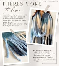 BABY BLUE CHECKED WOOL RAINBOW BLANKET SCARF OVERSIZED WINTER SHAWL WRAP