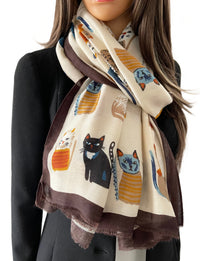 Beige Cotton Blend Cat Print Lightweight Scarf