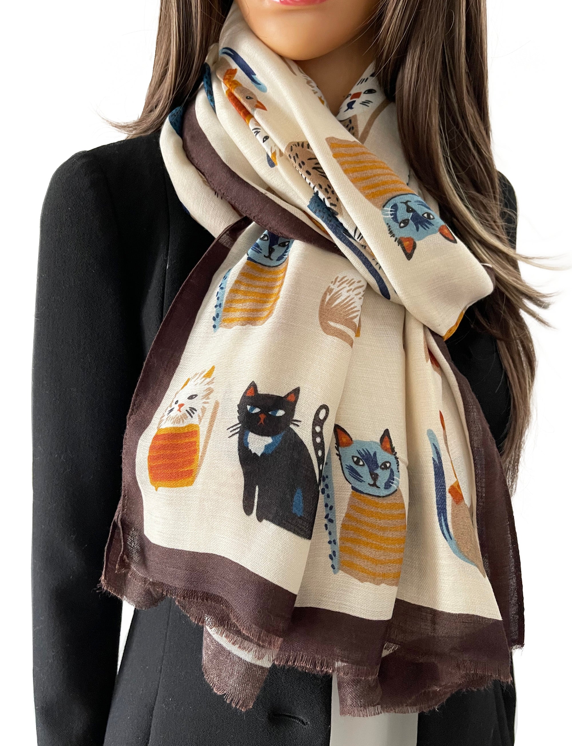 Beige Cotton Blend Cat Print Lightweight Scarf
