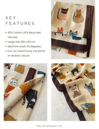 BEIGE COTTON BLEND CAT PRINT LIGHTWEIGHT SCARF