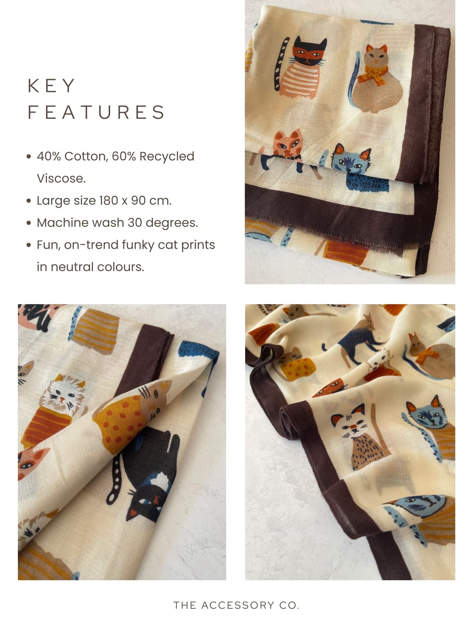 BEIGE COTTON BLEND CAT PRINT LIGHTWEIGHT SCARF