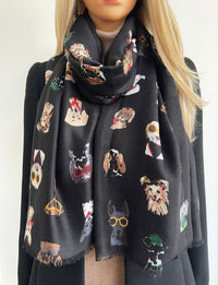 BLACK COTTON BLEND DOG PRINT LIGHTWEIGHT SCARF