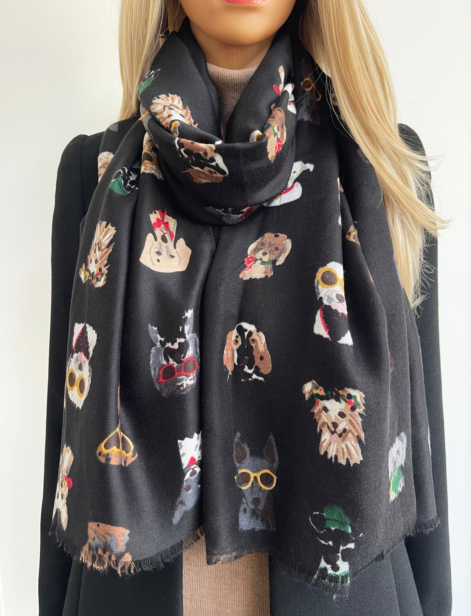 BLACK COTTON BLEND DOG PRINT LIGHTWEIGHT SCARF
