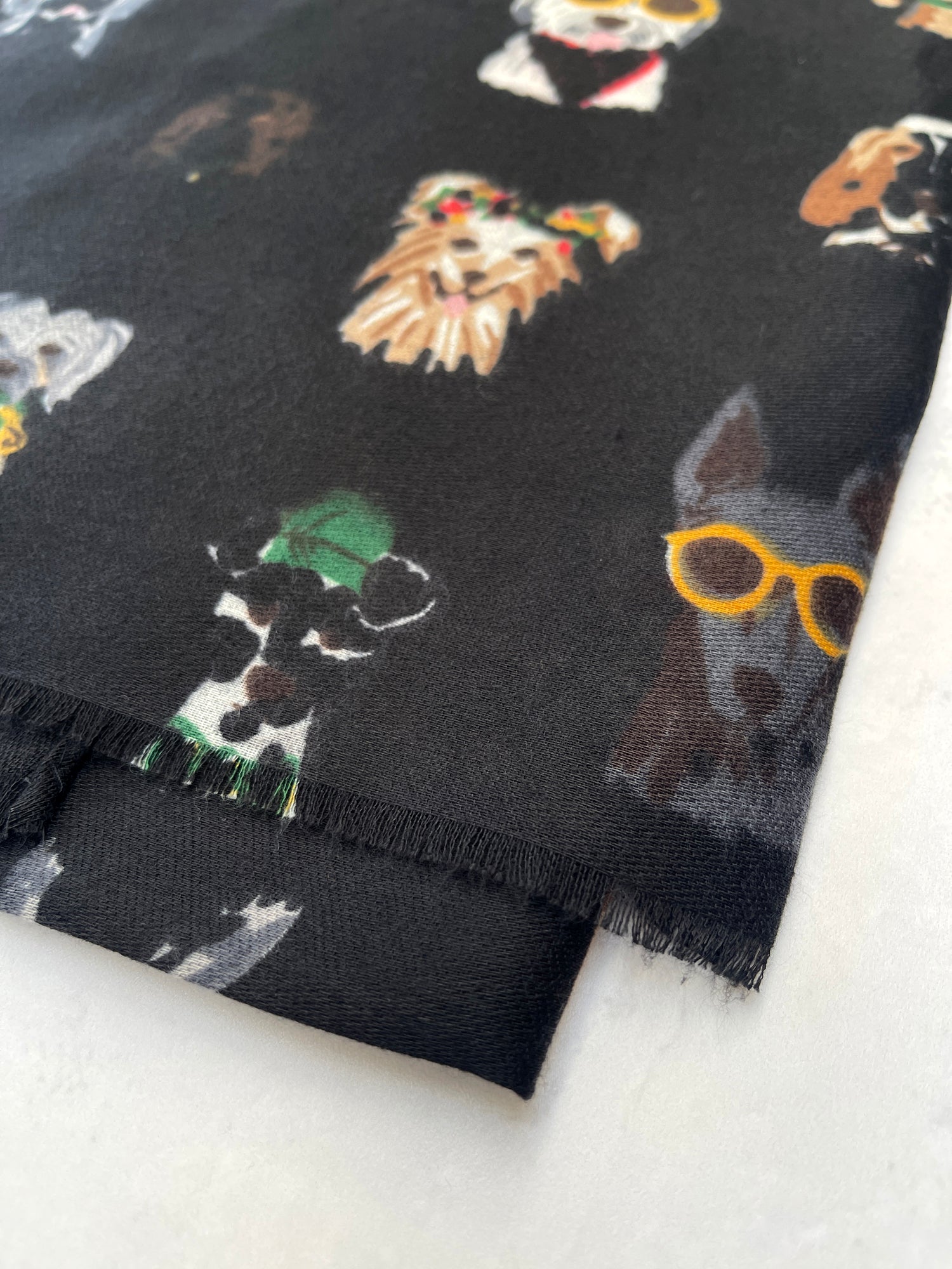 BLACK COTTON BLEND DOG PRINT LIGHTWEIGHT SCARF