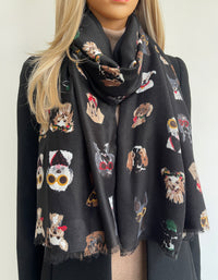 BLACK COTTON BLEND DOG PRINT LIGHTWEIGHT SCARF