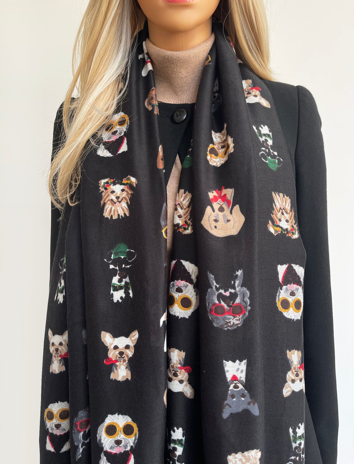 BLACK COTTON BLEND DOG PRINT LIGHTWEIGHT SCARF
