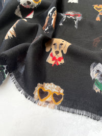 BLACK COTTON BLEND DOG PRINT LIGHTWEIGHT SCARF