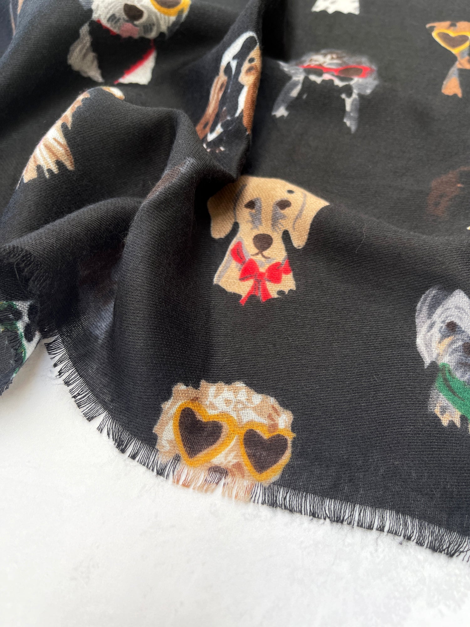 BLACK COTTON BLEND DOG PRINT LIGHTWEIGHT SCARF