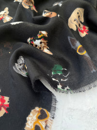 BLACK COTTON BLEND DOG PRINT LIGHTWEIGHT SCARF