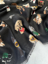 BLACK COTTON BLEND DOG PRINT LIGHTWEIGHT SCARF