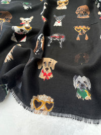 BLACK COTTON BLEND DOG PRINT LIGHTWEIGHT SCARF