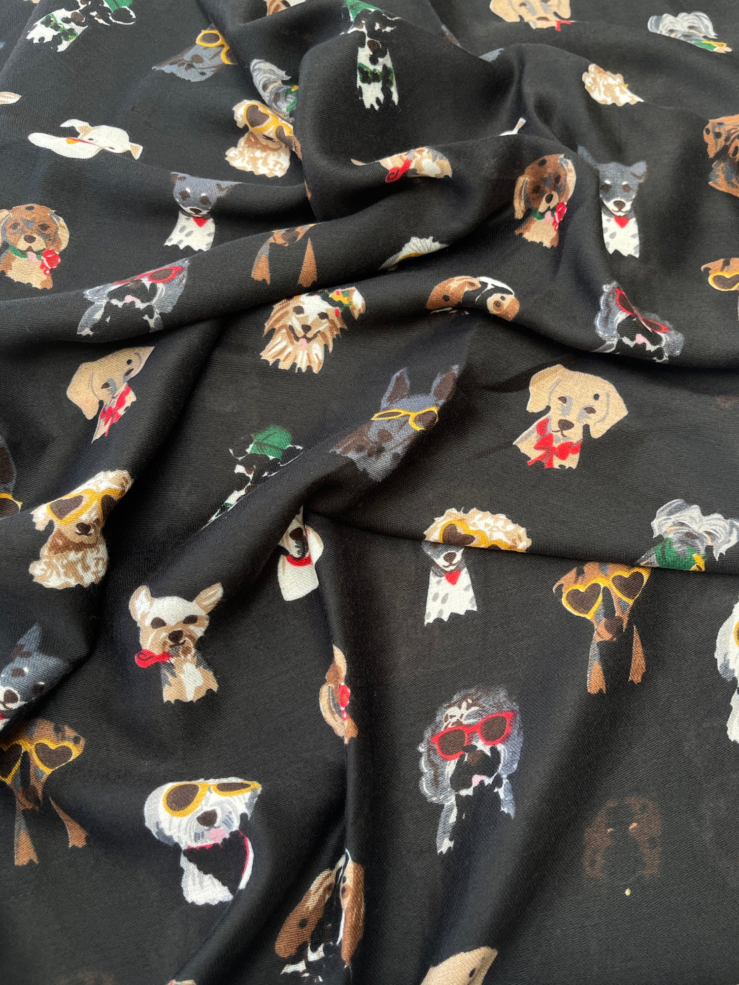 BLACK COTTON BLEND DOG PRINT LIGHTWEIGHT SCARF