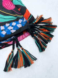 BLACK ROSE FLORAL PRINT SQUARE TASSEL SCARF