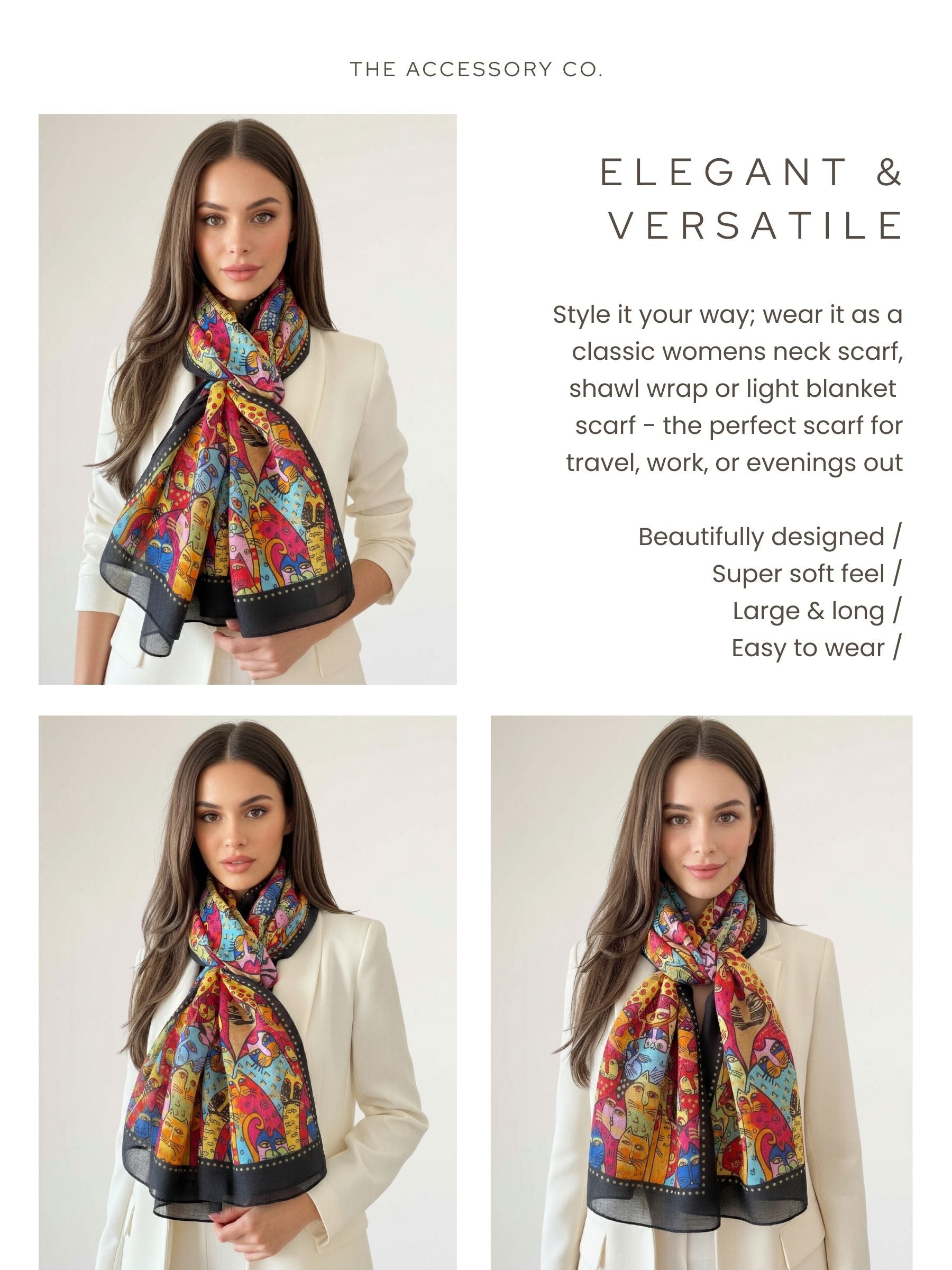 BLACK ANIMATED LIGHTWEIGHT RAINBOW CAT SCARF - A-SHU.CO.UK